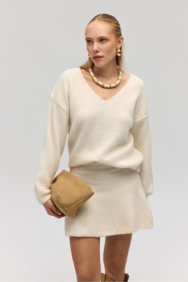 Zerium Basic V Yaka Ekru Triko Kazak - 6