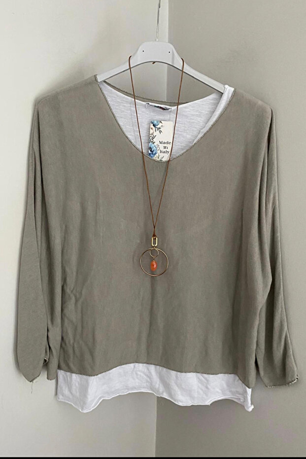 Women's Italian Mink Plain Patterned Collared Cotton Combed Sleeveless Inner Long Sleeve Knitwear Blouse 2-Piece Set