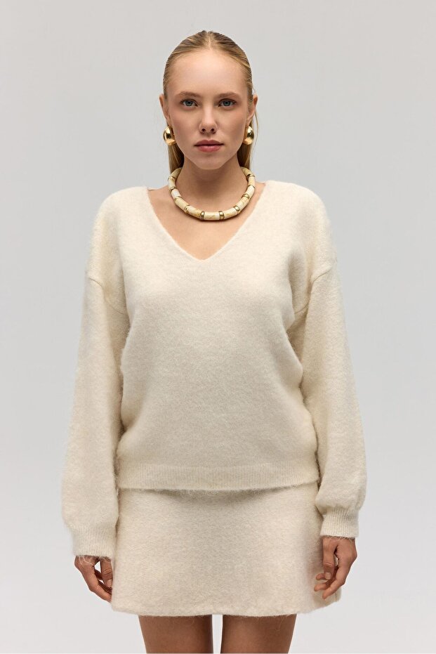 Zerium Basic V Yaka Ekru Triko Kazak - 2