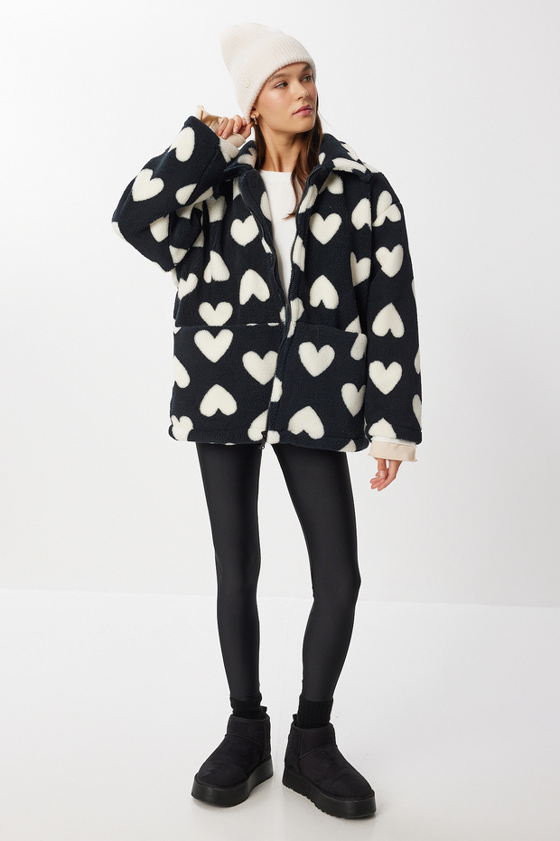 Polo Collar Heart Plush Coat Lci0036 Black Bone