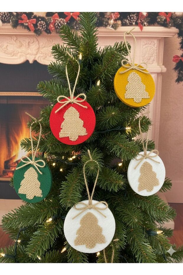 Handmade Christmas Tree Ornament, Pine Tree Ornament, Christmas Tree Ornament, 5-Piece Felt Jute Pine