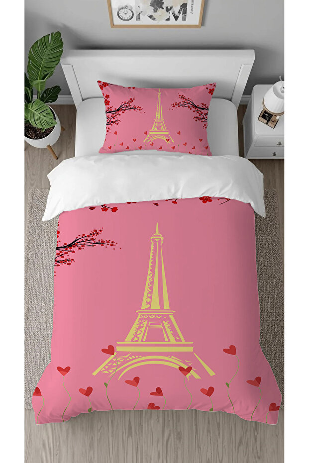 Paris Love Heart Flower Patterned Digital Design Printed Stylish Single Duvet Cover Set Without Sheets