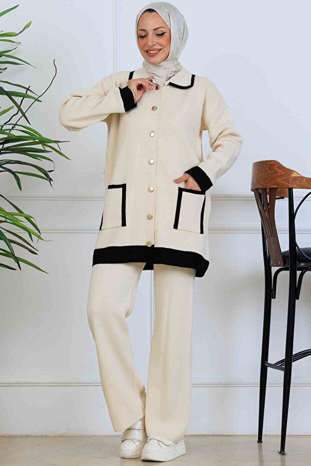 Buttoned Line Detailed Knitwear Set S1043 Stone Color