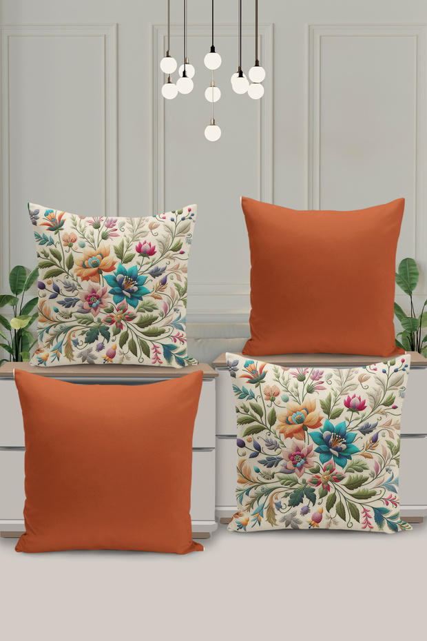 Set of 4 Reversible Digital Print Cushion Cover Embroidered Look Floral Print