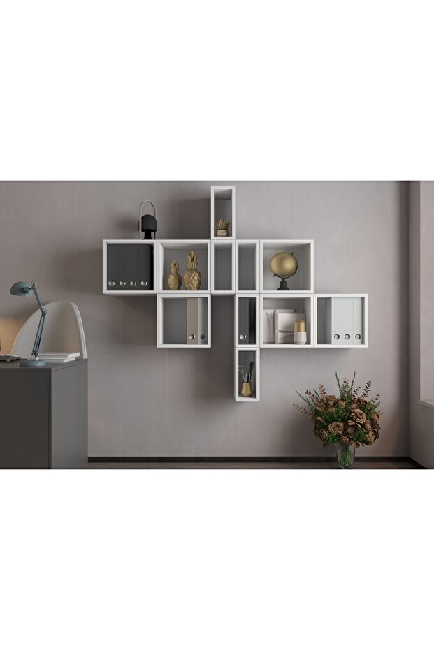 Modüler Duvar Kitaplık Seti – Asimetrik, Kapaklı Açık Raflı – Beyaz-PNR-KTP-1011 - 1