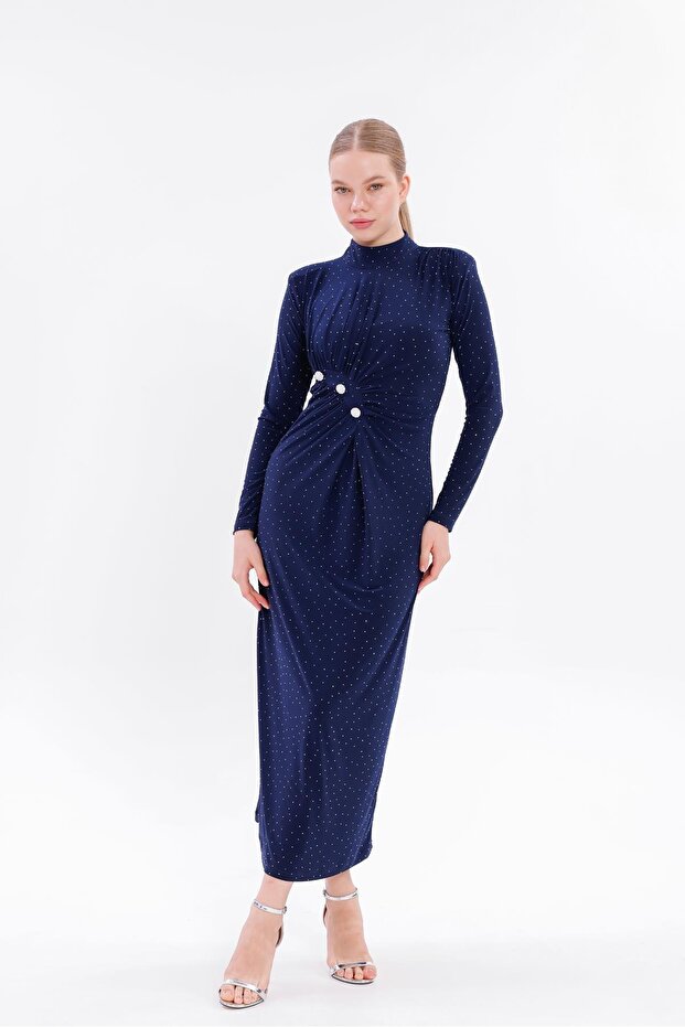 Women's Navy Blue Stone Draped Sandy Midi Dress – Long Sleeve, Formal and Evening Chic, Evening Gown 155