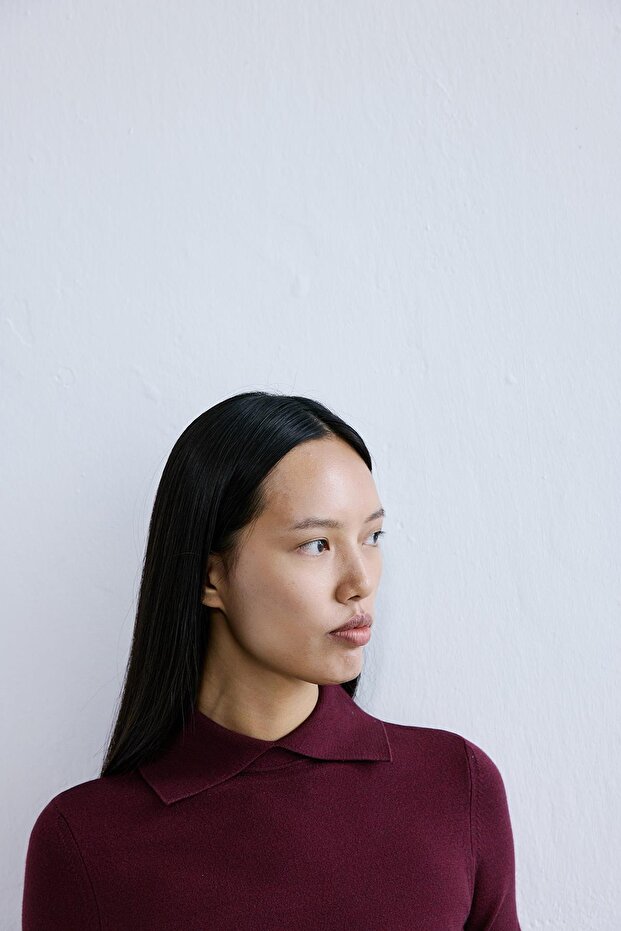 Yakalı Basic Bordo Triko Bluz - 4