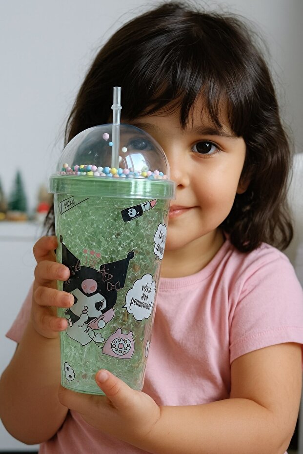 Kuromi Themed Water Bottle with Straw, Frosted Glass Look, 450 ml Double Layer Mica Water Bottle 2647 Green