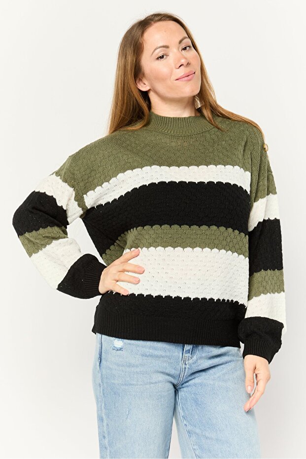 Women Ribbed Neck Textured Sweater, Multi Color