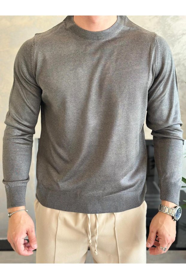 Men's Regular Fit Crew Neck Knitwear Sweater Gray Eca043