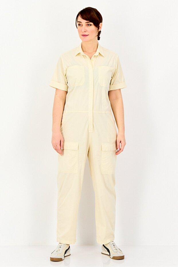 Women Solid Short Sleeve Jumpsuit, Cream