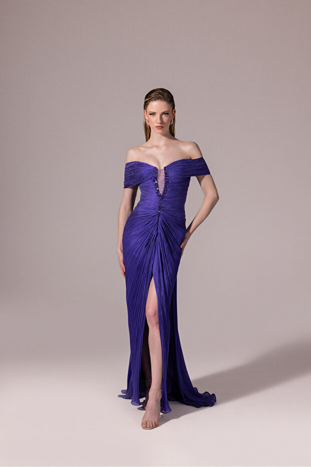 Pliseli Yırtmaçlı Abiye Elbise - 2