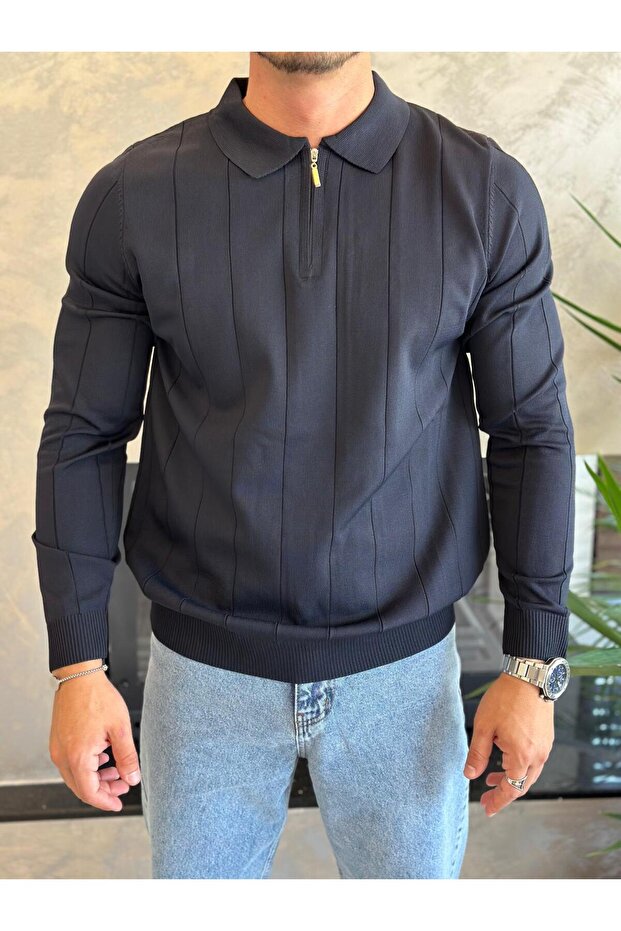 Men's Regular Fit Zipper Collar Stripe Detailed Knitwear Sweater Navy Blue Eca035
