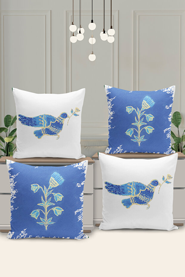 4-Piece Double-Sided Digital Printing Throw Pillow Cover with Bird/Flower Pattern