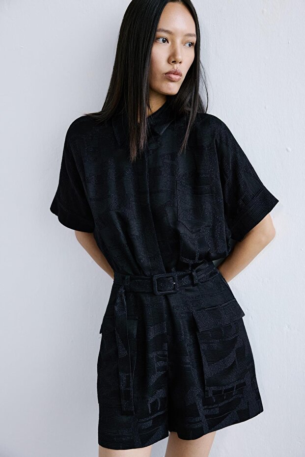 Dokulu Mini Siyah Tulum - 3