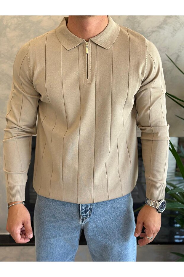Men's Regular Fit Zipper Collar Stripe Detailed Knitwear Sweater Beige Eca035