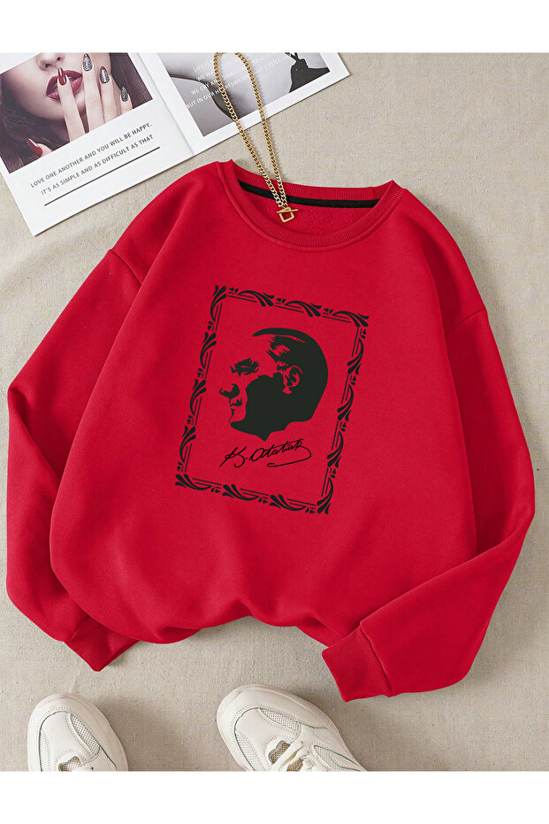 Popular Trend Ataturk Signature Printed Loose Fit Red Sweatshirt