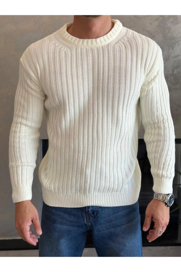 Men's Thessaloniki Knitted Crew Neck Cotton Sweater White Eca044