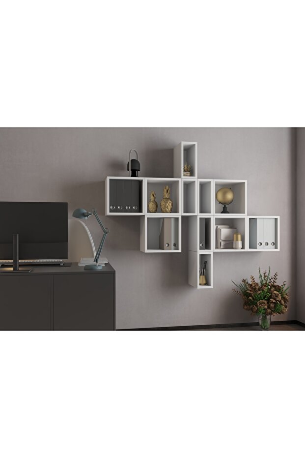 Modüler Duvar Kitaplık Seti – Asimetrik, Kapaklı Açık Raflı – Beyaz-PNR-KTP-1011 - 2