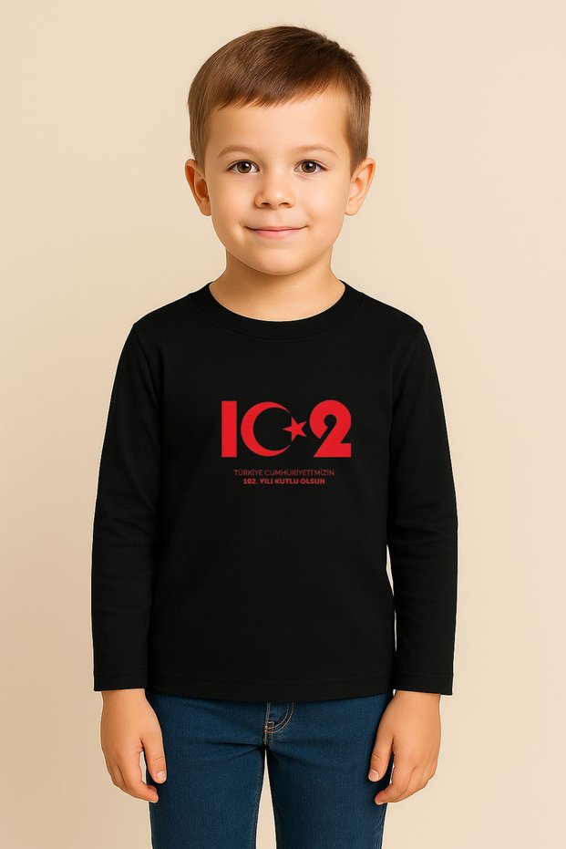 29 October Republic Day Ataturk Printed Black Crew Neck Combed Cotton Fabric Children's T-Shirt Blouse