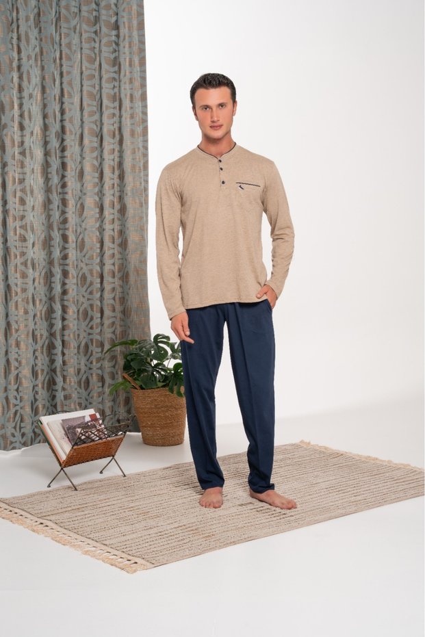 Men's Mustard Single Jersey Patch Pocket Design Classic Long Sleeve Buttoned Seasonal Pajama Set