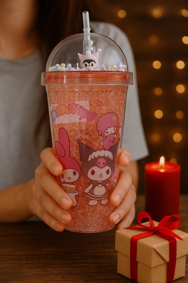 Kuromi Themed Pink Water Bottle with Straw, Frosted Glass Look, 450 ml Double Layer Mica Water Bottle 2647 Pink