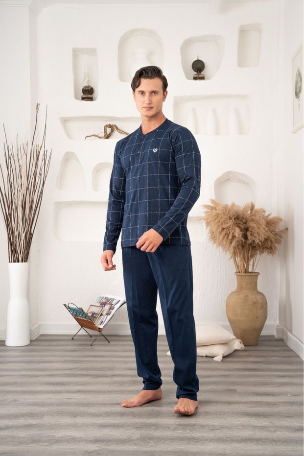 Men's Navy Blue Plaid Long Sleeve Buttoned Pocketed Cotton Seasonal Pajama Set