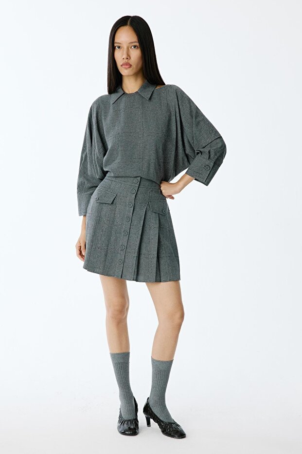 Sim Detaylı Piliseli Gri Mini Etek - 1