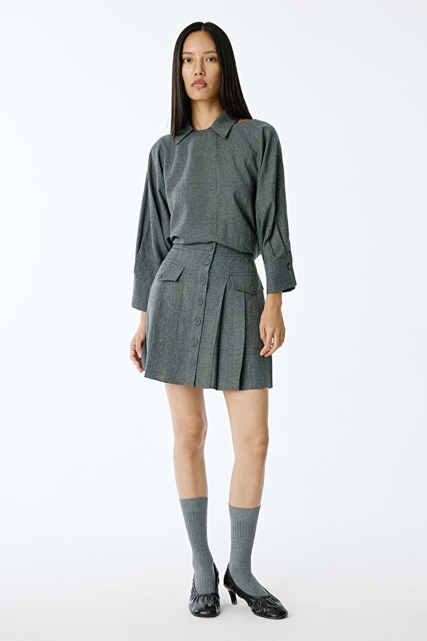 Sim Detaylı Piliseli Gri Mini Etek - 8