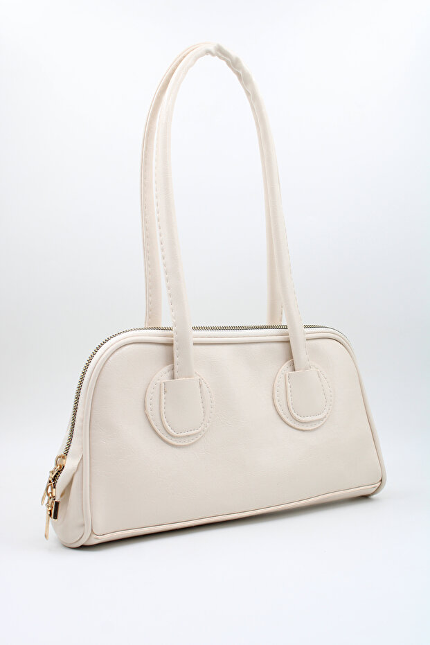 Women's Cream Shiny Patent Leather Long Handle Zipper Closure Hand and Shoulder Bag