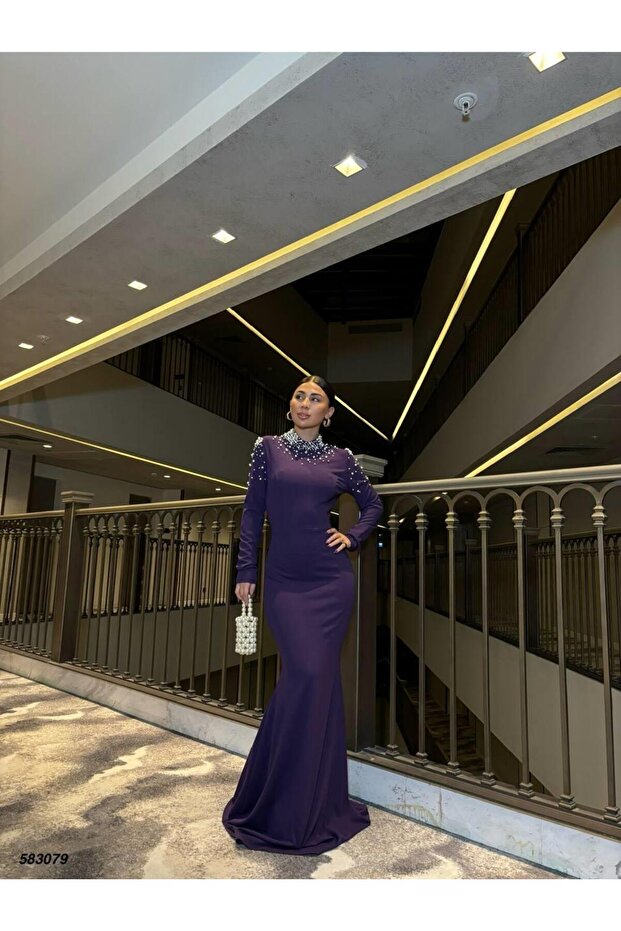 Crepe Stretch Fabric Half Turtleneck Sleeveless Evening Dress with Pearl Details 583079 PURPLE