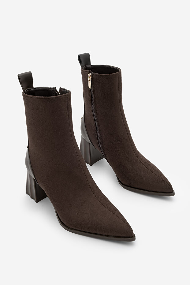 Kadın Sivri Burun Kalın Ökçe Topuklu Bot Esvon Kahve Süet - 5