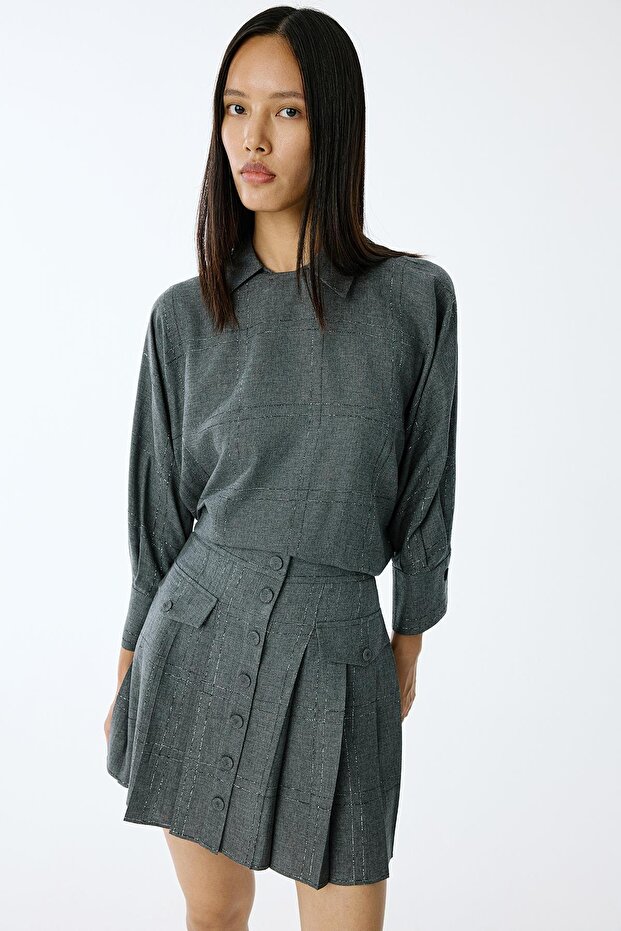 Sim Detaylı Piliseli Gri Mini Etek - 5