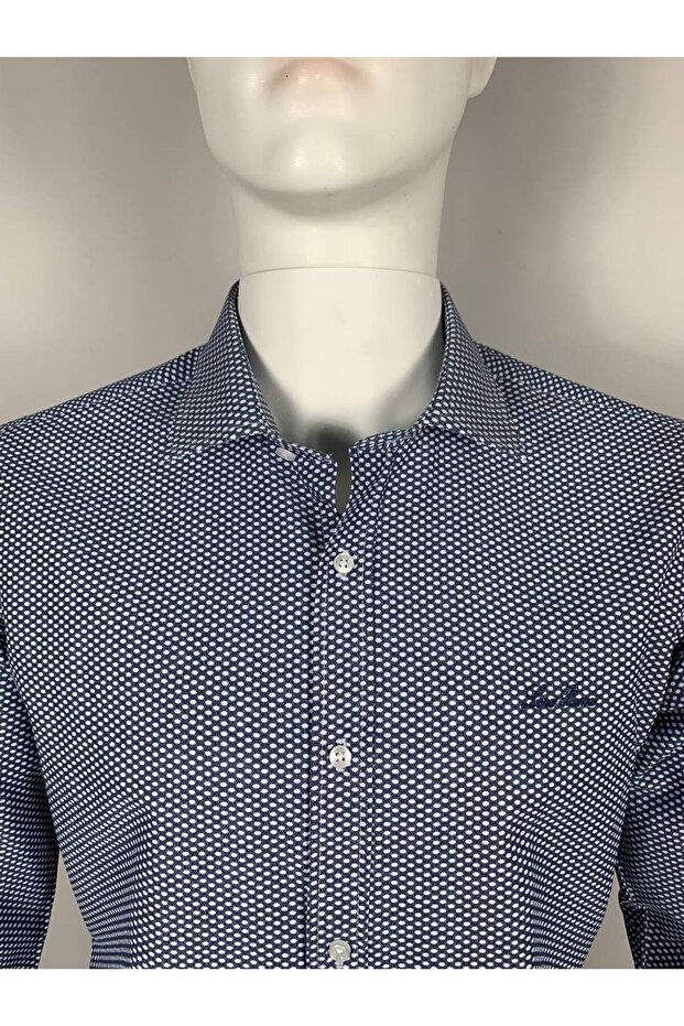 Erkek Regular Fit Normal Yaka Uzun Kol Kolay Ütülenir Noktalı Pamuklu Gömlek (Lacivert) - 5