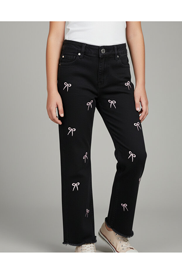 Girls' Bow Embroidered Denim Trousers
