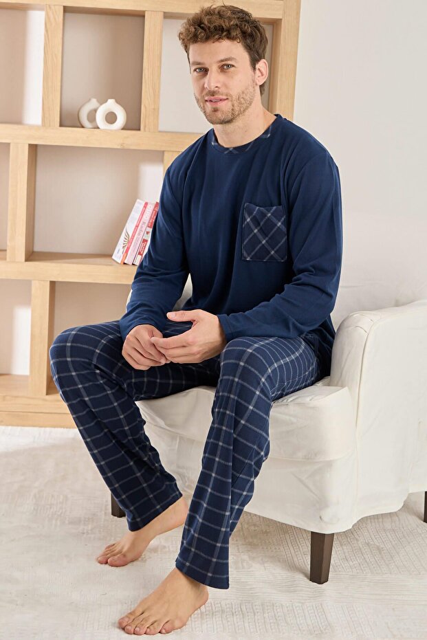Lacivert Ekru Ekose Desenli Elegant Erkek Pijama Takımı - 1