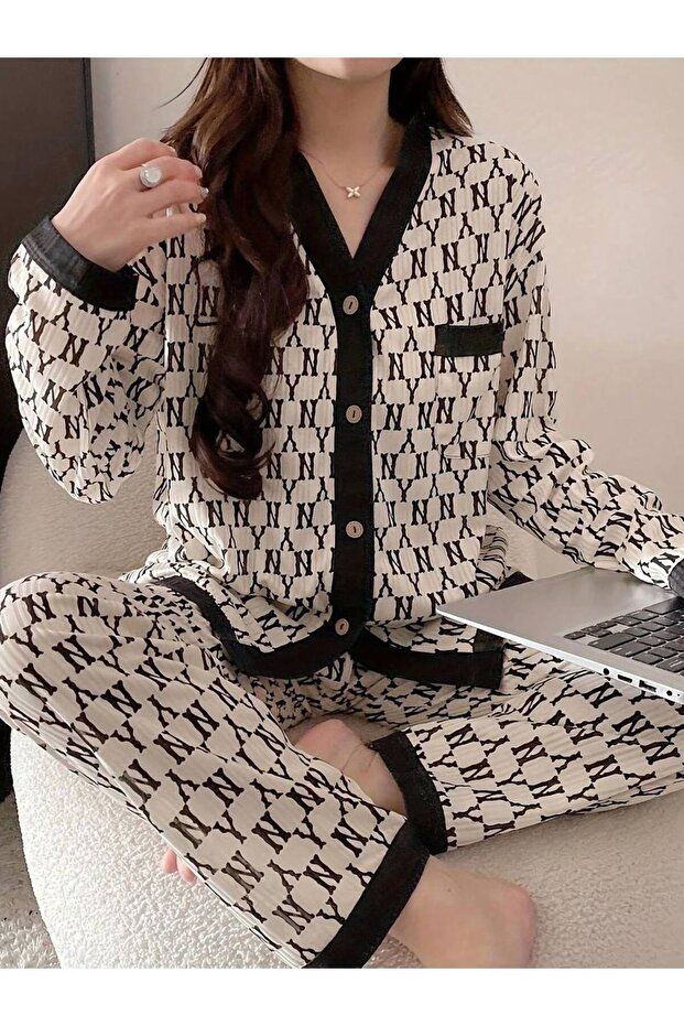 طقم بيجاما BlackNY للنساء، بأكمام طويلة وأزرار