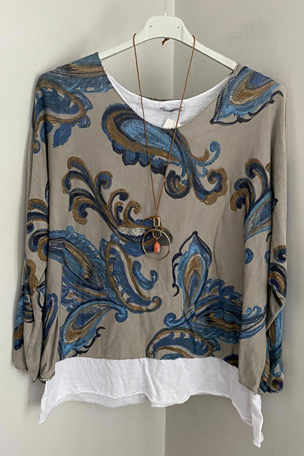 Women's Italian Beige Shawl Patterned Collared Cotton Combed Sleeveless Inner Long Sleeve Knitwear Blouse 2-Piece Set