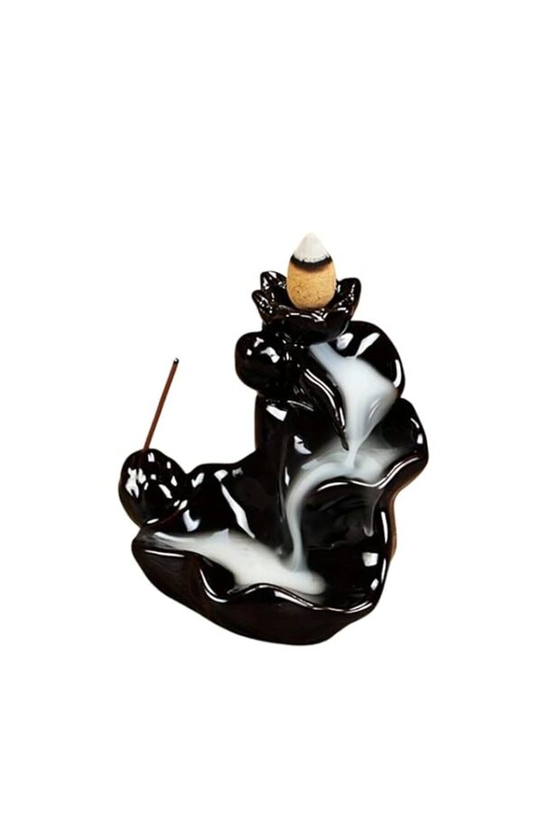 Ceramic Backflow Incense Burner, Waterfall Design with Incense Cone Holder, Black and White