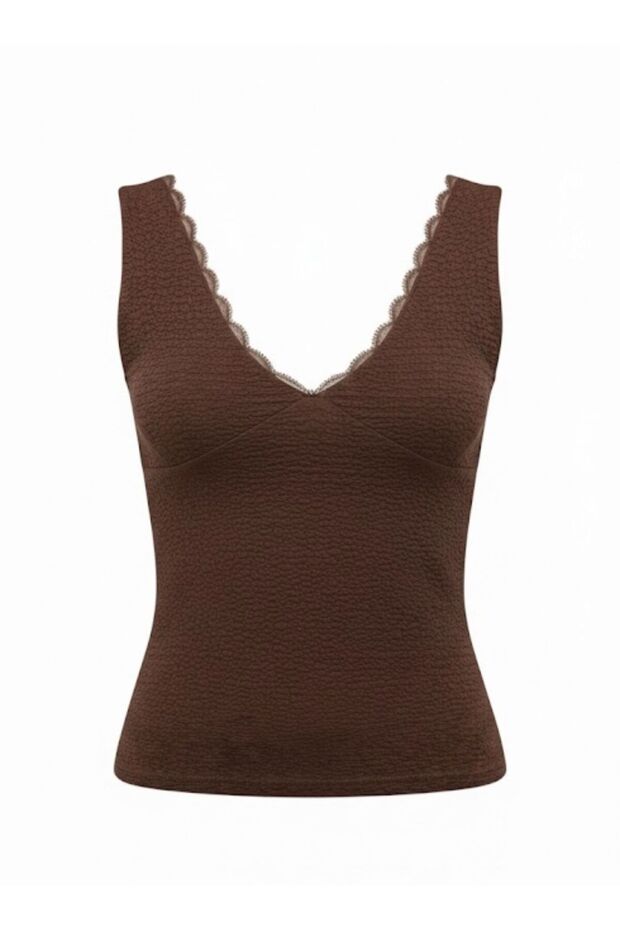 V Yaka Dantel Detaylı Örme Bluz - 5