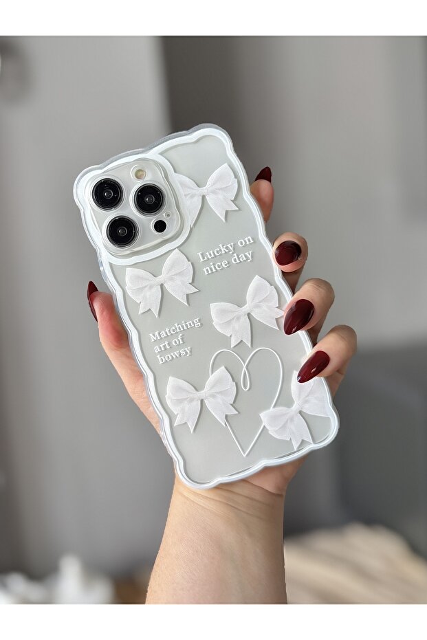 iPhone 14 Pro Max Transparent Case with Bow Pattern and Wave Edge - 1