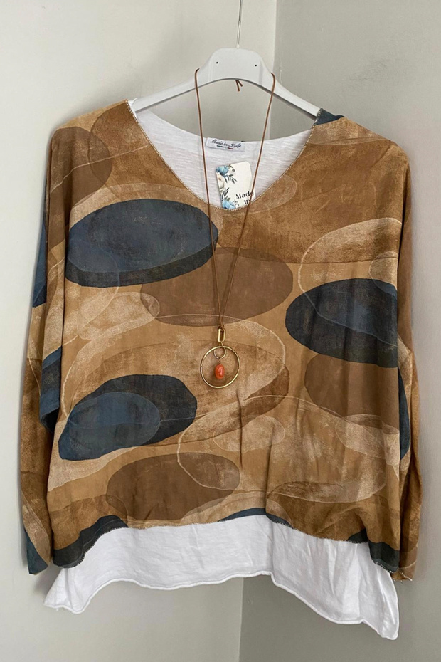 Women's Italian Camel Color Block Patterned Necklace Cotton Combed Sleeveless Inner Knitwear Blouse 2-Piece Set