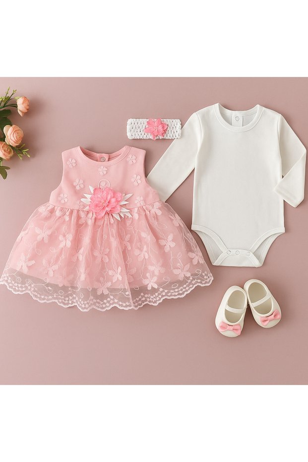 Baby Girl Lace Mevlüt Set – 4 Pieces: Dress, Badi, Headband and Booties |   Lined