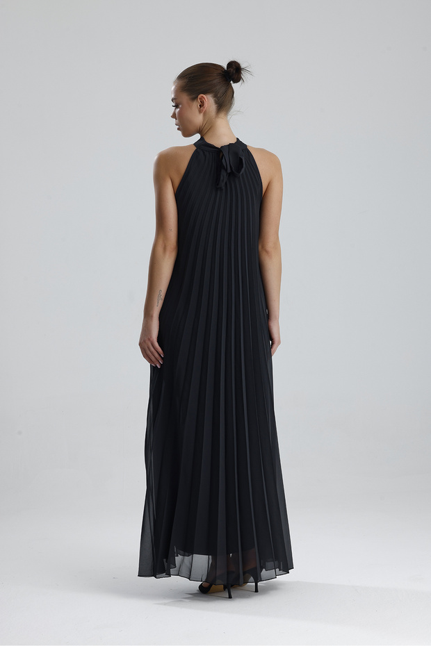 Astarlı Piliseli Uzun Abiye Desenli Şifon Elbise | ELB35127SF Antrasit - 6