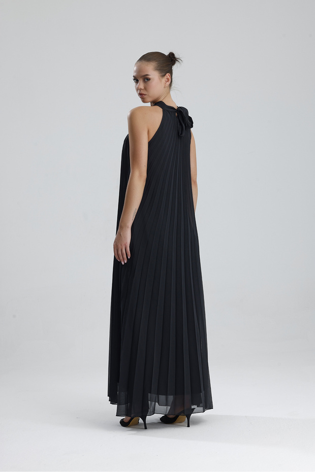 Astarlı Piliseli Uzun Abiye Desenli Şifon Elbise | ELB35127SF Antrasit - 5