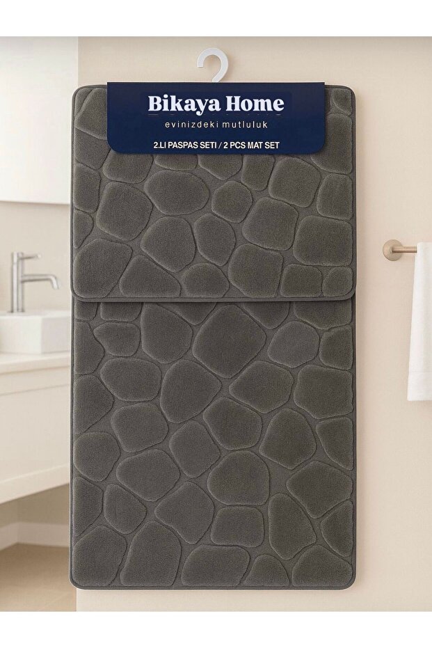 Washable Non-Slip Dot Base - 2-Piece Stone Pattern Puffy Toilet Seat Set - 60X100 cm 50X60 cm
