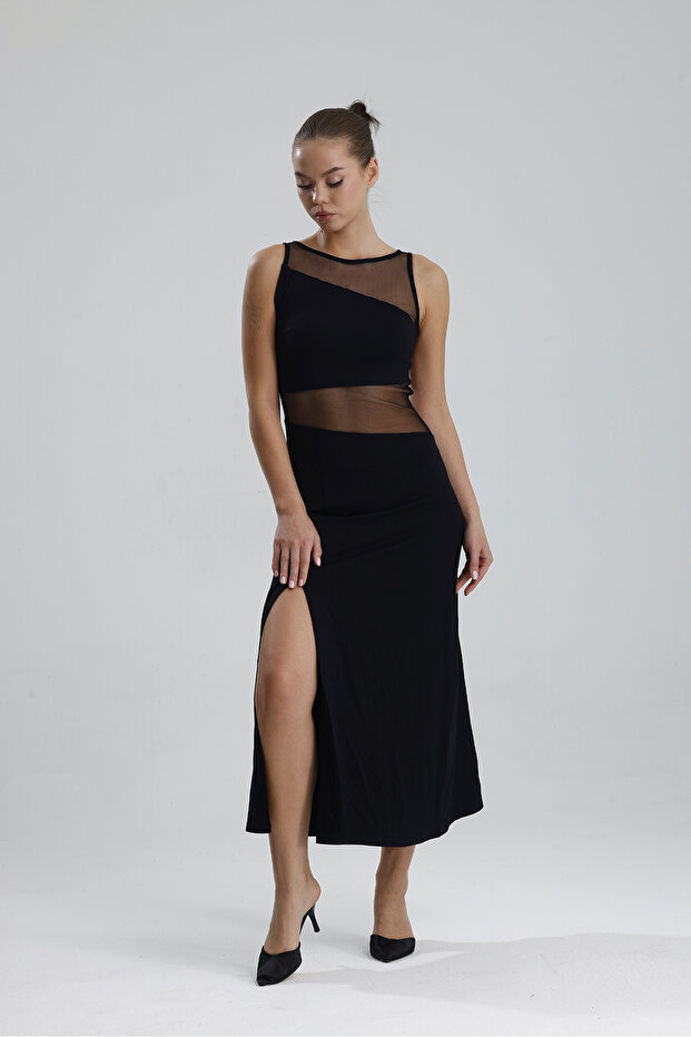 Transparan Detaylı Uzun Elbise | ELB35747 Siyah - 1