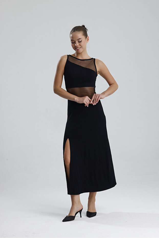 Transparan Detaylı Uzun Elbise | ELB35747 Siyah - 3