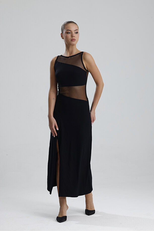 Transparan Detaylı Uzun Elbise | ELB35747 Siyah - 2