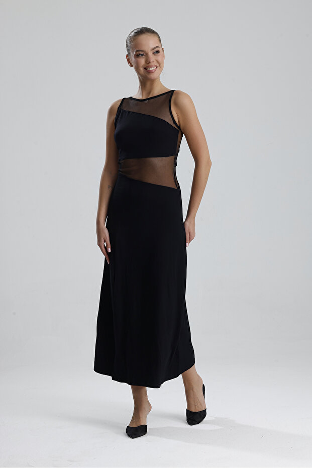 Transparan Detaylı Uzun Elbise | ELB35747 Siyah - 7